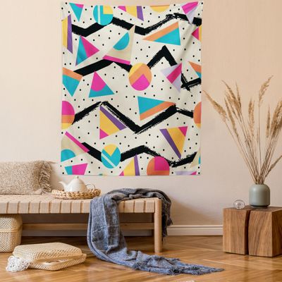 Ambesonne Indie Tapestry Queen Size, Eighties Memphis Fashion Style Geometric Abstract Colorful Design Dots Funky, Wall Hanging Bedspread Bed Cover Wall Decor, 88" X 88", Cream Pink