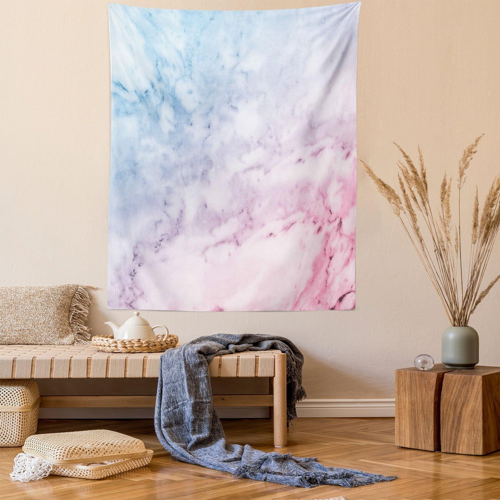 Ambesonne Marble Print Tapestry Queen Size, Pastel Toned Cloudy Crack Lines Stained Antique Shabby Design, Wall Hanging Bedspread Bed Cover Wall Decor, 88" X 88", Pink
