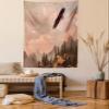 Ambesonne Eagle Tapestry Twin Size, Nature Photography of Rocky Mountains and Forest a Bird Flying over It, Wall Hanging Bedspread Bed Cover Wall Decor, 68" X 88", Rose Green view 1