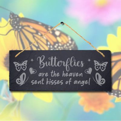Stukk Advice from Butterfly Garden Bees Symbol of Transformation Laser Hanging Sign (The Heaven Kisses), Natural Engraved Slate Stone Plaque, 30x12cm (Large)