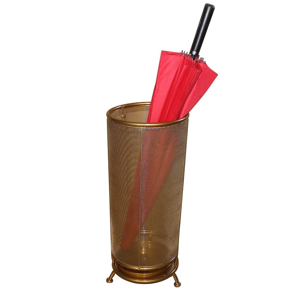 Umbrella Rack Metal Wrought Iron Umbrella Stand Rack, Anti-Rust Umbrella Storage Bucket, Large Capacity, with 6 Hooks and Drip Tray, 25x56cm (Color : Gold)