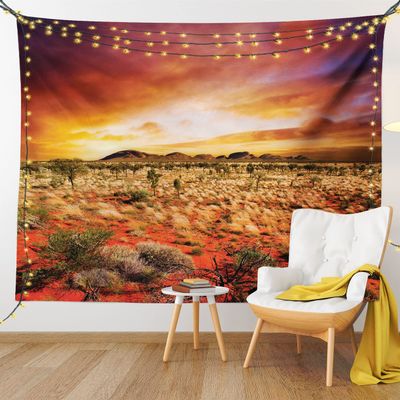 Ambesonne Desert Tapestry King Size, Sunset over Central Australian Landscape Dreamy Dramatic Sky Scenic Nature, Wall Hanging Bedspread Bed Cover Wall Decor, 104" X 88", Orange Yellow Coral
