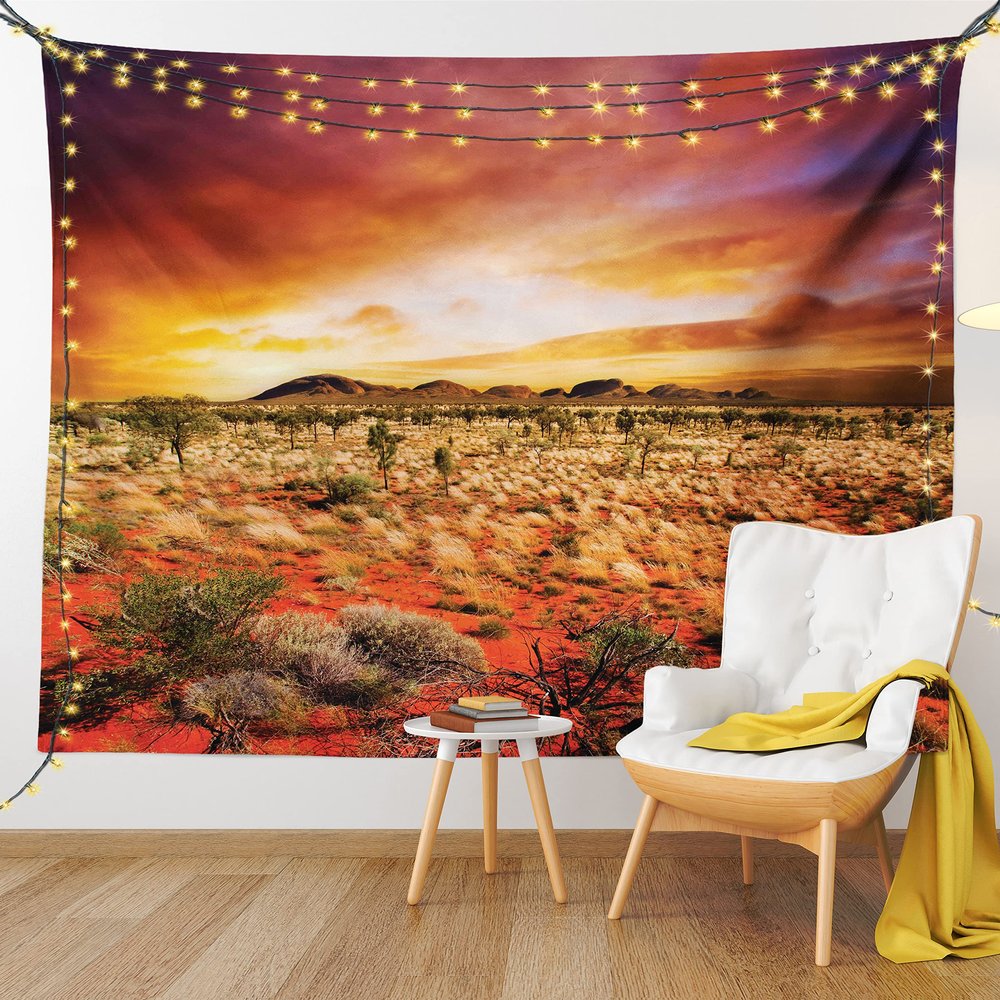 Ambesonne Desert Tapestry King Size, Sunset over Central Australian Landscape Dreamy Dramatic Sky Scenic Nature, Wall Hanging Bedspread Bed Cover Wall Decor, 104" X 88", Orange Yellow Coral