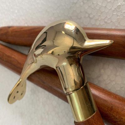 Vimal Nautical Golden & Brown Brass Dolphin Shape Handle with Wooden Walking Stick Cane 36 to 37" INCH Approx