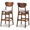Baxton Studio Katya Mid-Century Modern Grey Fabric Upholstered and Walnut Brown Finished Wood 2-Piece Bar Stool Set view 1