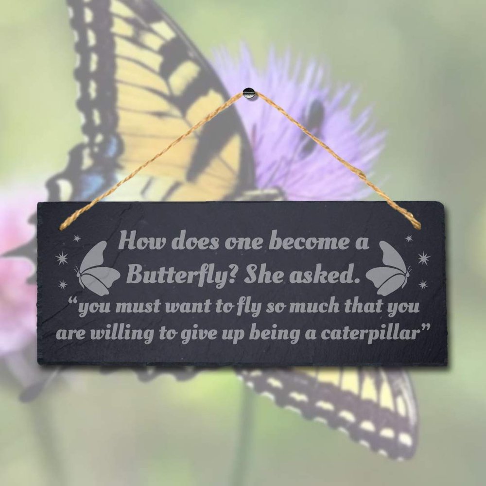 Stukk Advice Garden Bees The Heaven Kisses Symbol of Transformation Laser Hanging Sign (One Become Butterfly), 30x12cm (Large), Natural Engraved Slate Stone Plaque