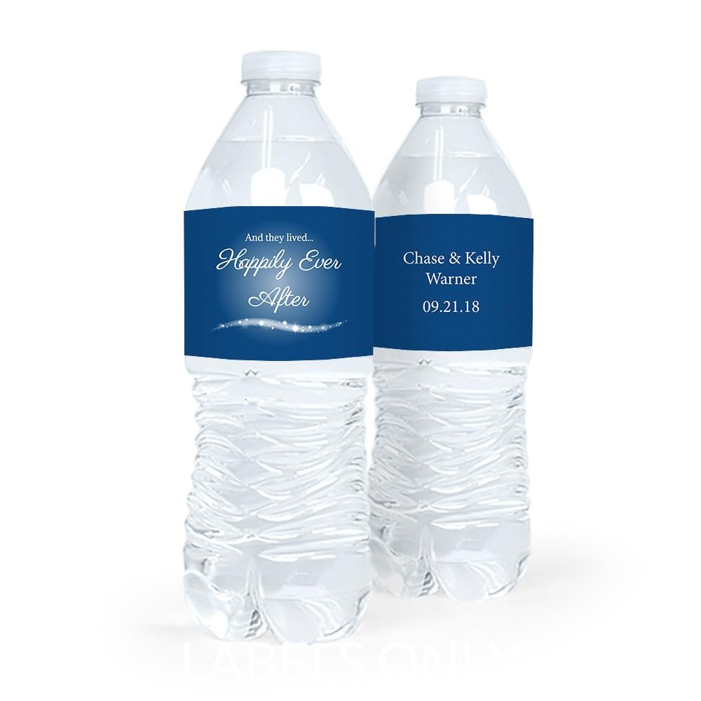 30ct Personalized Wedding Water Bottle Labels - Blue Happily Ever After