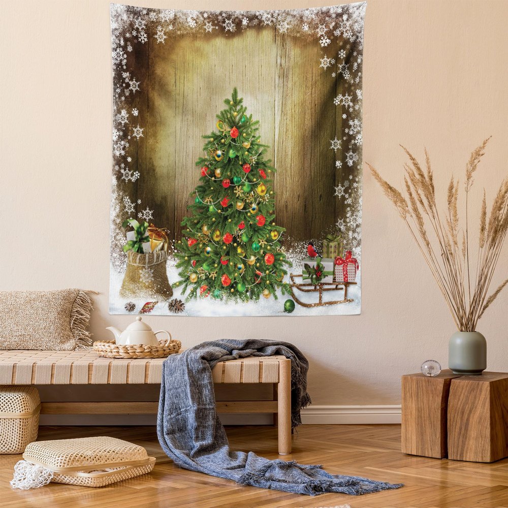 Ambesonne Christmas Tapestry Twin Size, Pine Tree with Present Boxes on Snowy Board Xmas at Countryside Theme, Wall Hanging Bedspread Bed Cover Wall Decor, Twin Size, Green Brown