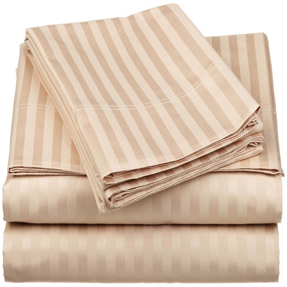 Unique Beddings True Heavy 1800-TC Egyptian Cotton 4-PCs Sheet Set Fits Mattress 18-21'' Deep Pocket (King Size) Premium Italian Finish Bed Sheets for Bed (Stripe, Beige)