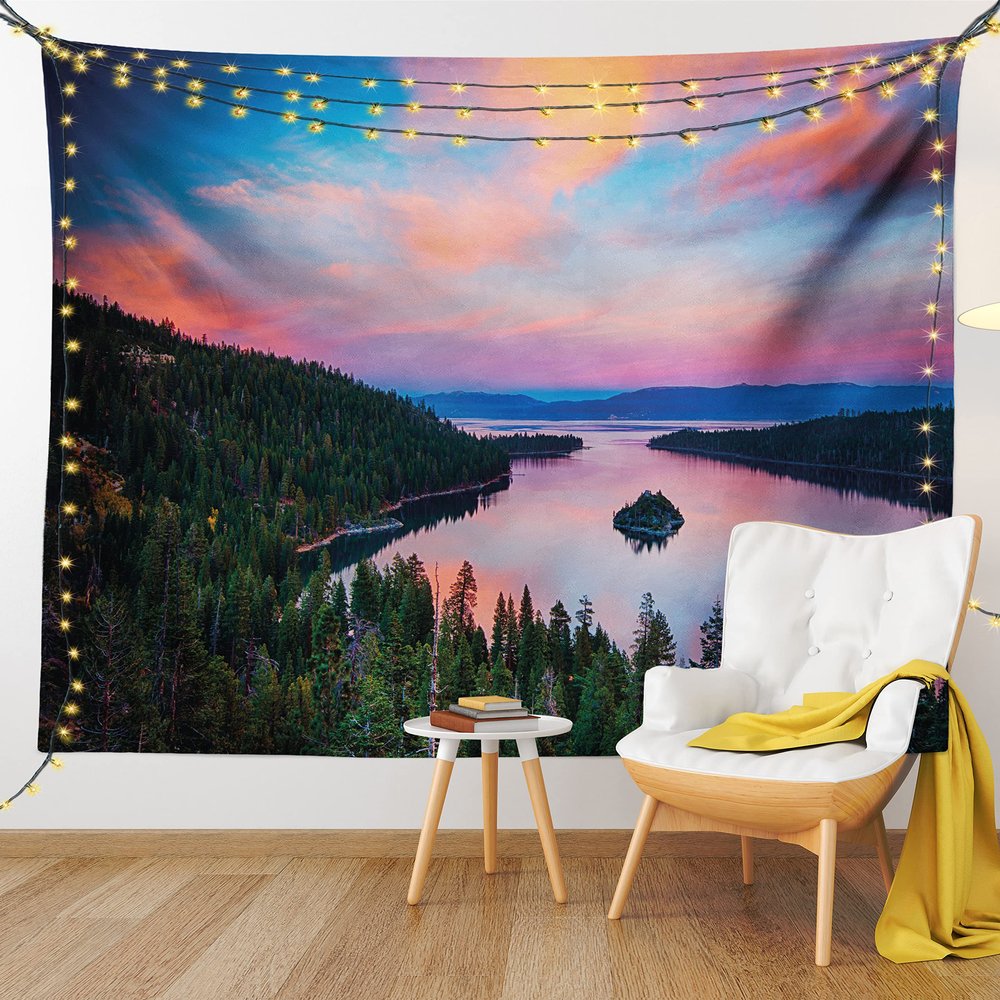 Ambesonne Lake Tahoe Tapestry King Size, California Photography Rustic Themes Sundown Time Freshwater Sierra Nevada Lake, Wall Hanging Bedspread Bed Cover Wall Decor, 104" X 88", Pink Green