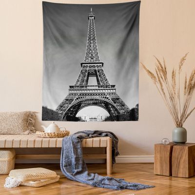 Ambesonne Eiffel Tower Tapestry Queen Size, Paris Landmark Monochrome Picture of Cityscape European Urban Famous Place Image, Wall Hanging Bedspread Bed Cover Wall Decor, 88" X 88", Grey