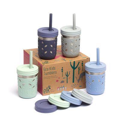 Elk and Friends 10oz Stainless Steel Kids + Toddler Drinking Cups | The Original Mason Jar with Sleeves + Lids | Silicone Straws | Smoothies | Storage Jar | Spill Resistant | Dishwasher Safe | 4 Pack
