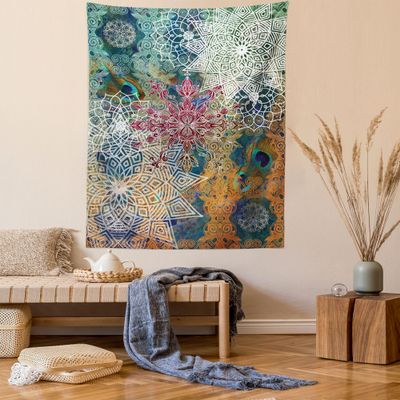 Ambesonne Ethnic Tapestry Twin Size, Vintage Style Oriental Composition with Mandala Flowers and Peacock Feathers, Wall Hanging Bedspread Bed Cover Wall Decor, 68" X 88", Mustard White