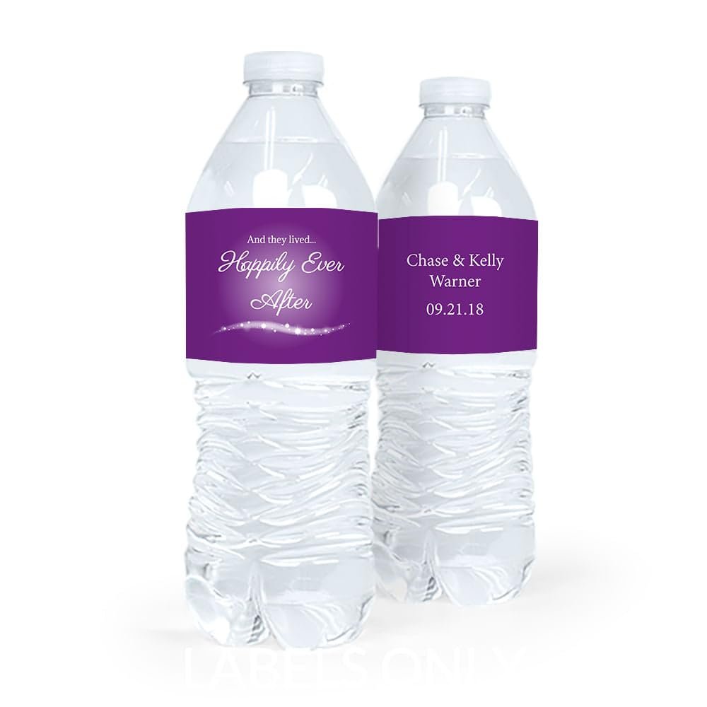 30ct Personalized Wedding Water Bottle Labels - Purple Happily Ever After