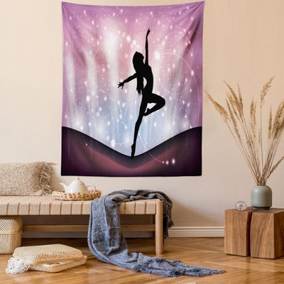 Ambesonne Contemporary Tapestry Queen Size, Silhouette of Ballerina Performing on Abstract Backdrop Magic Dance Fine Arts, Wall Hanging Bedspread Bed Cover Wall Decor, 88" X 88", Purple Black