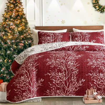 3 Pieces Christmas Quilt Set Burgundy Red Branch Queen Size 88x88 Soft Microfiber Lightweight Coverlet Bedspread New Year Holiday Bedding Set Bed Cover for All Season (1 Quilt+ 2 Shams)