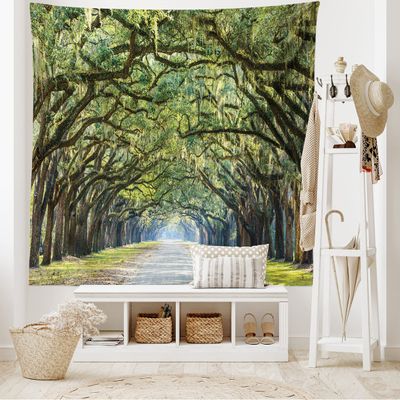 Ambesonne Forest Tapestry King Size, Tranquil Pathway Strong Spring Trees Serene Nature Trekking Theme, Wall Hanging Bedspread Bed Cover Wall Decor, 104" X 88", Green and Brown