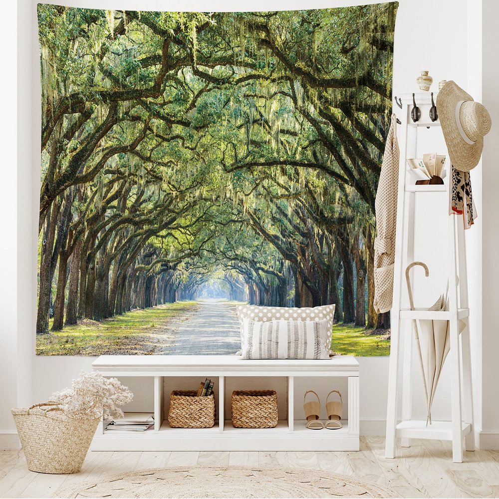 Ambesonne Forest Tapestry King Size, Tranquil Pathway Strong Spring Trees Serene Nature Trekking Theme, Wall Hanging Bedspread Bed Cover Wall Decor, 104" X 88", Green and Brown
