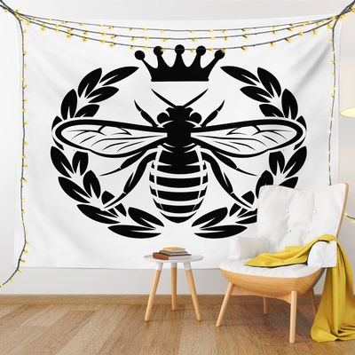 Ambesonne Queen Bee Tapestry King Size, Monochrome Wreath Insect and Crown Abstract Bee Silhouette Ruler of the Colony, Wall Hanging Bedspread Bed Cover Wall Decor, 104" X 88", Black White
