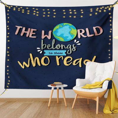 Ambesonne Book Tapestry King Size, World Belongs to Those Who Read Inspirational Words Print on Dark Blue Background, Wall Hanging Bedspread Bed Cover Wall Decor, 104" X 88", Navy Blue