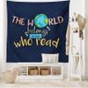 Ambesonne Book Tapestry King Size, World Belongs to Those Who Read Inspirational Words Print on Dark Blue Background, Wall Hanging Bedspread Bed Cover Wall Decor, 104" X 88", Navy Blue view 2