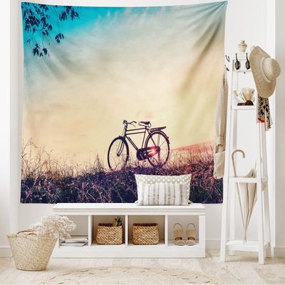 Ambesonne Vintage Bike Tapestry King Size, Retro Filter Sunset and Bicycle in Pastel Tones Hipster Joyful, Wall Hanging Bedspread Bed Cover Wall Decor, 104" X 88", Pale Blue Black Peach