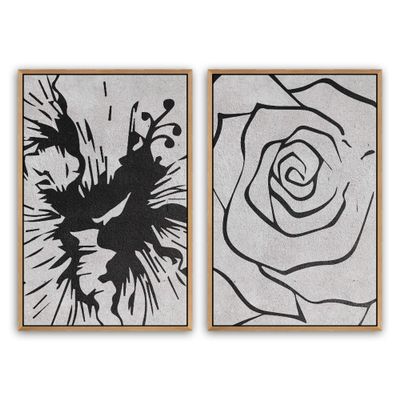 SIGNWIN 2 Piece Framed Canvas Wall Art Black and White Flowers Canvas Prints Home Artwork Decoration for Living Room,Bedroom - 24"x36"x2 Panels