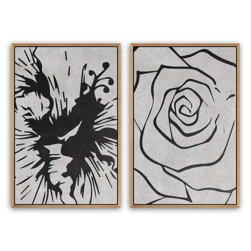 SIGNWIN 2 Piece Framed Canvas Wall Art Black and White Flowers Canvas Prints Home Artwork Decoration for Living Room,Bedroom - 24"x36"x2 Panels