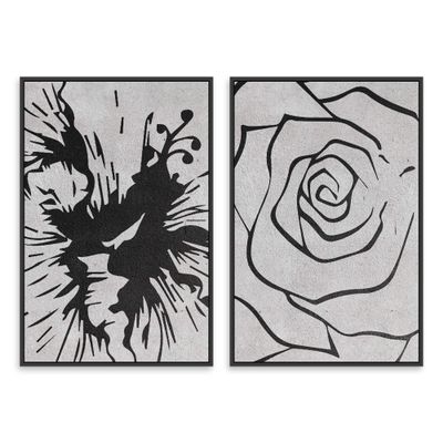 SIGNWIN 2 Piece Framed Canvas Wall Art Black and White Flowers Canvas Prints Home Artwork Decoration for Living Room,Bedroom - 24"x36"x2 Panels