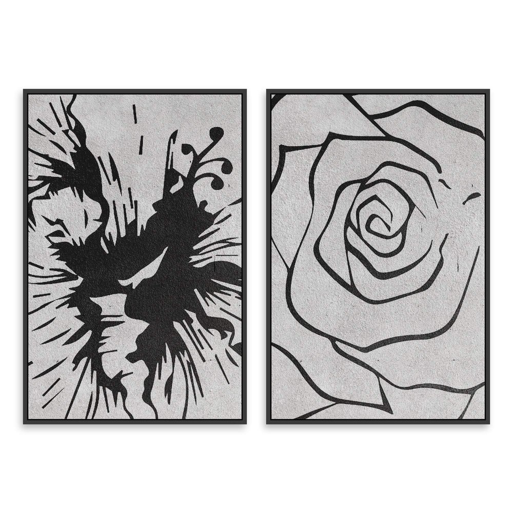 SIGNWIN 2 Piece Framed Canvas Wall Art Black and White Flowers Canvas Prints Home Artwork Decoration for Living Room,Bedroom - 24"x36"x2 Panels