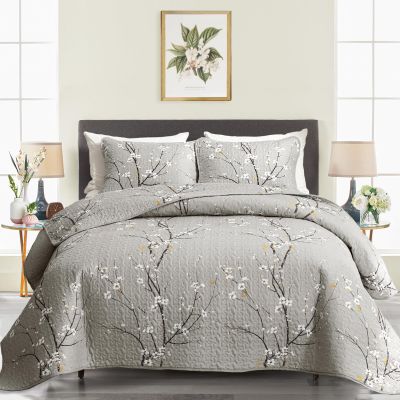 3 Pieces Quilt Set Queen Full Size 88x88 Gray Branch with White Orange Floral Style Soft Microfiber Lightweight Coverlet Bedspread Summer Bedding Set Bed Cover for All Season (1 Quilt+ 2 Shams)