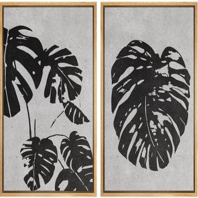SIGNWIN Framed Wall Art Print Set Black & White Grayscale Monstera Leaves Nature Wilderness Illustrations Modern Art Rustic Relax/Calm Multicolor for Living Room, Bedroom, Office - 24"x36"x2 Natural