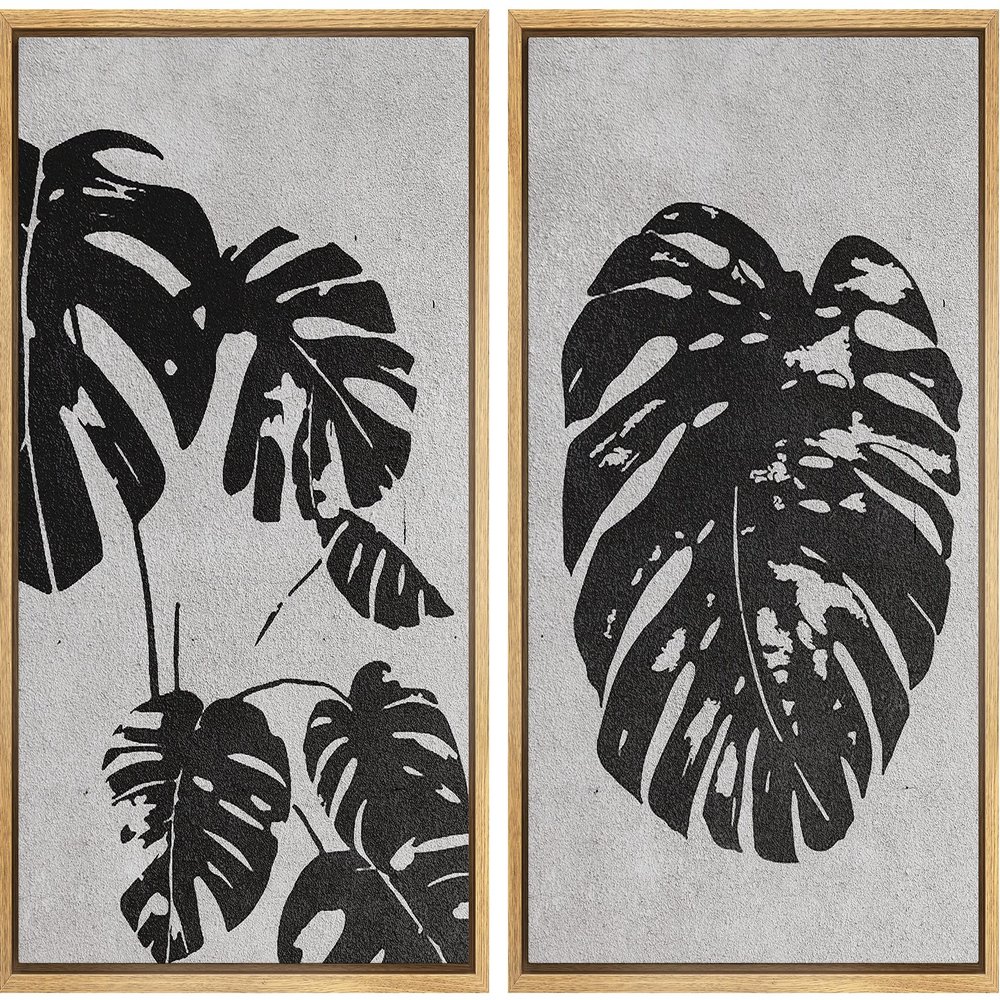 SIGNWIN Framed Wall Art Print Set Black & White Grayscale Monstera Leaves Nature Wilderness Illustrations Modern Art Rustic Relax/Calm Multicolor for Living Room, Bedroom, Office - 24"x36"x2 Natural