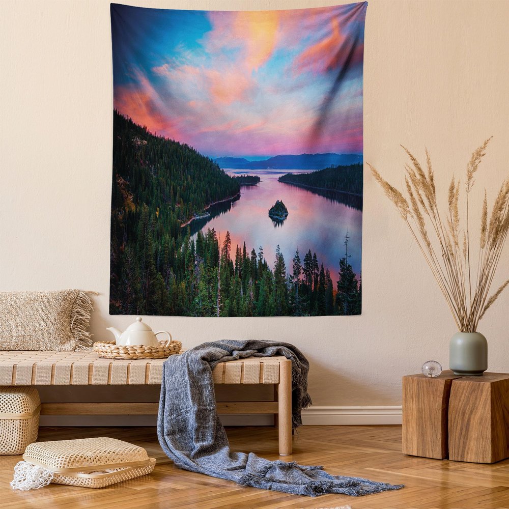 Ambesonne Lake Tahoe Tapestry Queen Size, California Photography Rustic Themes Sundown Time Freshwater Sierra Nevada Lake, Wall Hanging Bedspread Bed Cover Wall Decor, 88" X 88", Pink Green