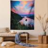 Ambesonne Lake Tahoe Tapestry Queen Size, California Photography Rustic Themes Sundown Time Freshwater Sierra Nevada Lake, Wall Hanging Bedspread Bed Cover Wall Decor, 88" X 88", Pink Green view 1