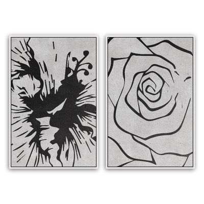SIGNWIN 2 Piece Framed Canvas Wall Art Black and White Flowers Canvas Prints Home Artwork Decoration for Living Room,Bedroom - 24"x36"x2 Panels