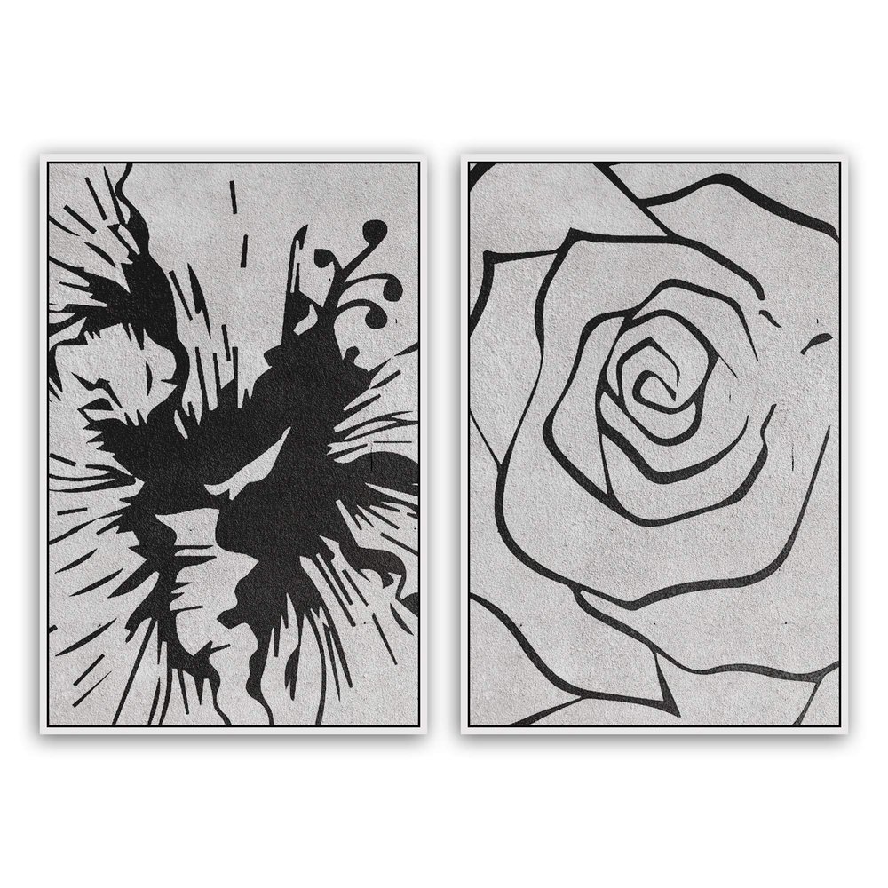 SIGNWIN 2 Piece Framed Canvas Wall Art Black and White Flowers Canvas Prints Home Artwork Decoration for Living Room,Bedroom - 24"x36"x2 Panels
