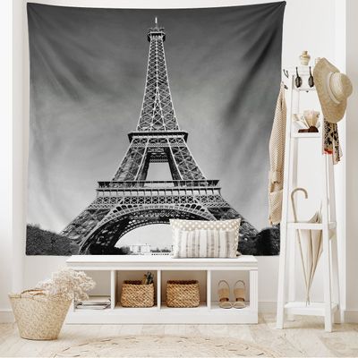 Ambesonne Eiffel Tower Tapestry King Size, Paris Landmark Monochrome Picture of Cityscape European Urban Famous Place Image, Wall Hanging Bedspread Bed Cover Wall Decor, 104" X 88", Grey