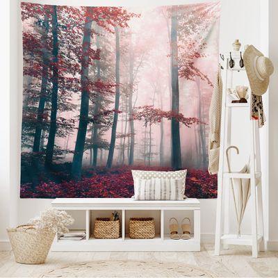 Ambesonne Forest Tapestry King Size, Autumn Season Mystic Foggy Fall Nature and Enchanted Woods Wild Trees Print, Wall Hanging Bedspread Bed Cover Wall Decor, King Size, Brown Grey and Red