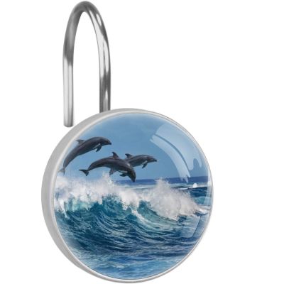 LORVIES Dolphins Jumping Marine Waves Shower Curtain Hooks Set of 12, Stainless Steel Shower Hooks Decorative Hanger Rings Rust Resistant for Bathroom Kids Room Fashion Home Decor