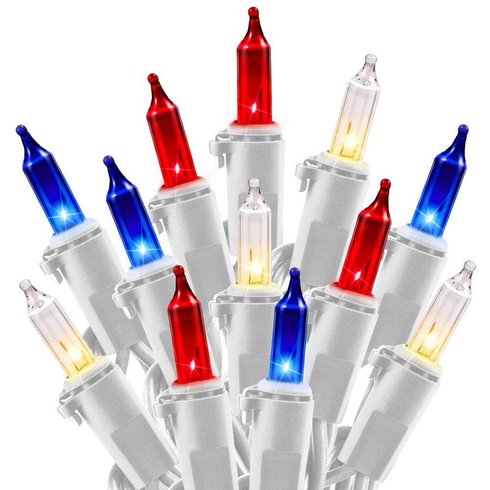 4th of July Decoration Patriotic Mini Lights - 100 Count 20 Feet Red White Blue Incandescent Bulb Waterproof String Lights Plug in for Indoor Outdoor Christmas Party Patio Independence Day Decoration