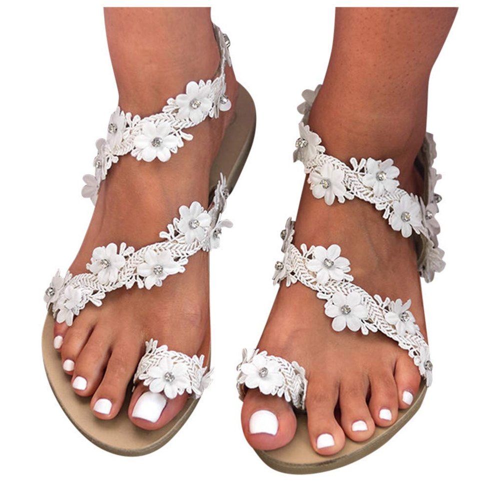 ZBYY Flat Sandals for Women,Summer Women's Sandals Bohemian Flowers Flat Beach Shoes Ring Toe Flip Flop Sandals
