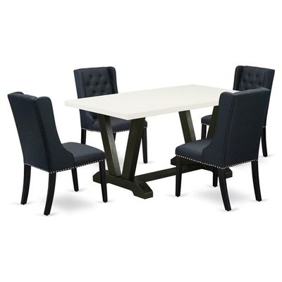 East West Furniture V626FO624-5 5 Piece Dining Room Table Set Includes a Rectangle Dining Table with V-Legs and 4 Black Linen Fabric Upholstered Parson Chairs, 36x60 Inch, Multi-Color