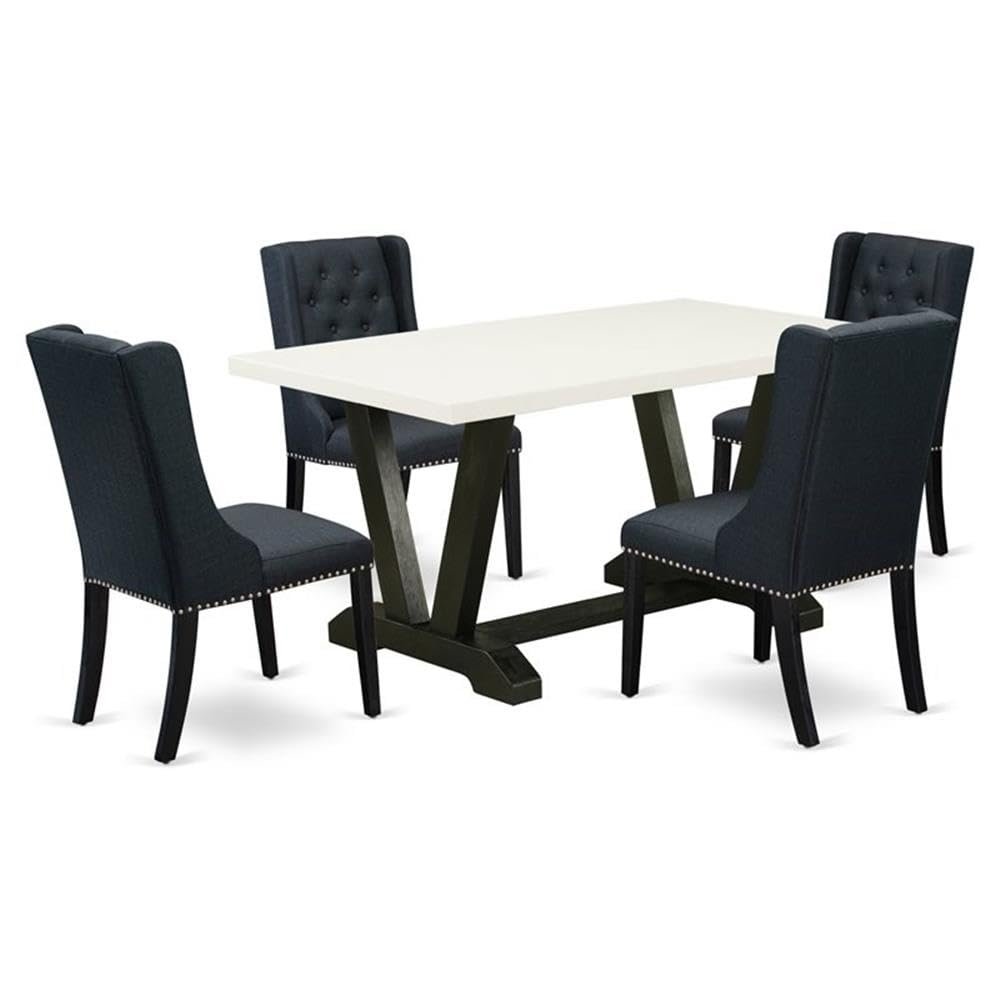 East West Furniture V626FO624-5 5 Piece Dining Room Table Set Includes a Rectangle Dining Table with V-Legs and 4 Black Linen Fabric Upholstered Parson Chairs, 36x60 Inch, Multi-Color