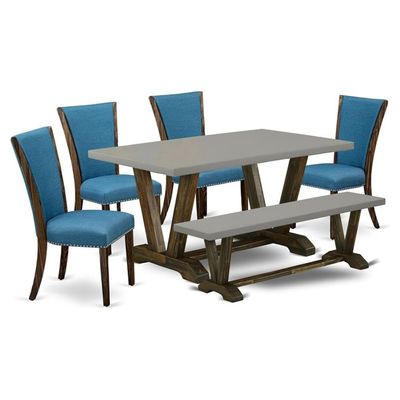East West Furniture V796VE721-6 6 Piece Modern Dining Table Set Contains a Rectangle Wooden Table and 4 Blue Color Linen Fabric Upholstered Chairs with a Bench, 36x60 Inch, Multi-Color