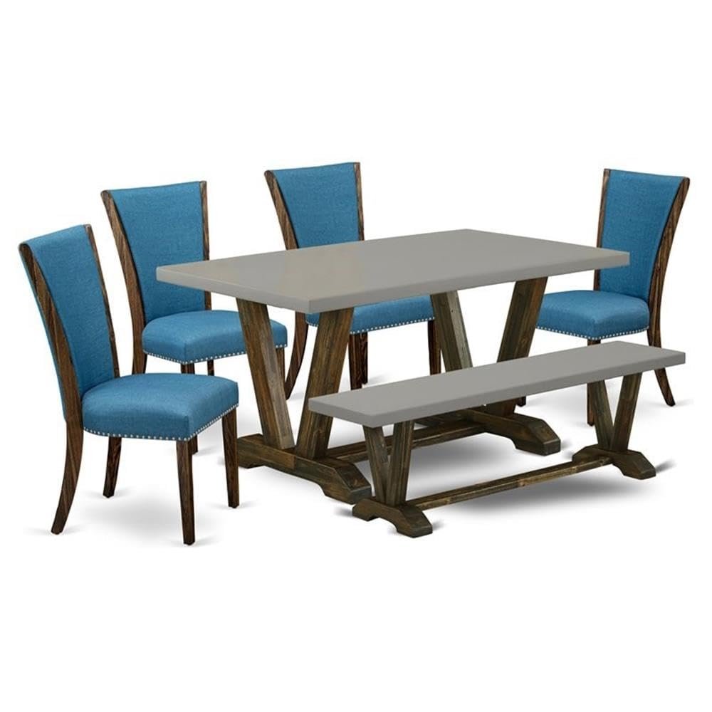 East West Furniture V796VE721-6 6 Piece Modern Dining Table Set Contains a Rectangle Wooden Table and 4 Blue Color Linen Fabric Upholstered Chairs with a Bench, 36x60 Inch, Multi-Color