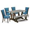 East West Furniture V796VE721-6 6 Piece Modern Dining Table Set Contains a Rectangle Wooden Table and 4 Blue Color Linen Fabric Upholstered Chairs with a Bench, 36x60 Inch, Multi-Color view 1