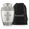 Reminded Adult Cremation Memorial Urn for Human Ashes, Pewter Etched Cross Funeral Urn with Velvet Bag view 1