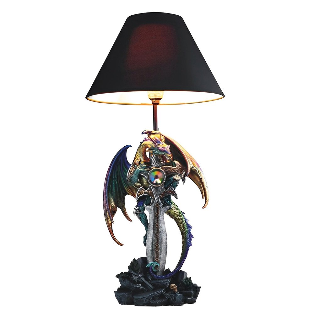 ICE Armor 24.5" Fantasy Collectible Dragon Statue Table Lamp Wrap Around Cross with Fabric Light Shade for Gothic and Medieval Dcor (71792Purple/Green)