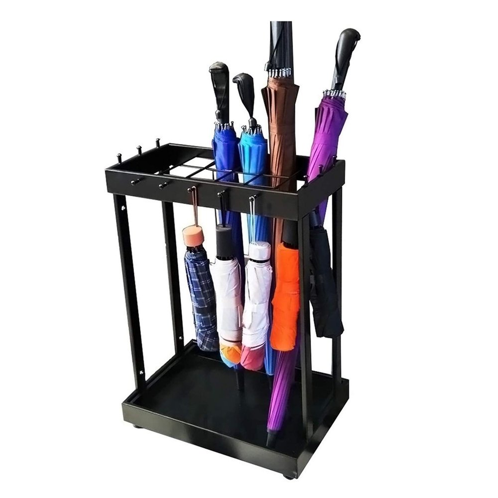 Umbrella Racks Modern Metal Free-Standing Umbrella Stand Umbrella Holder, Multi-Functional Support Storage Rack for Hotels, 8 Holes and 11 Hooks and Removable Chassis (Color : Black)